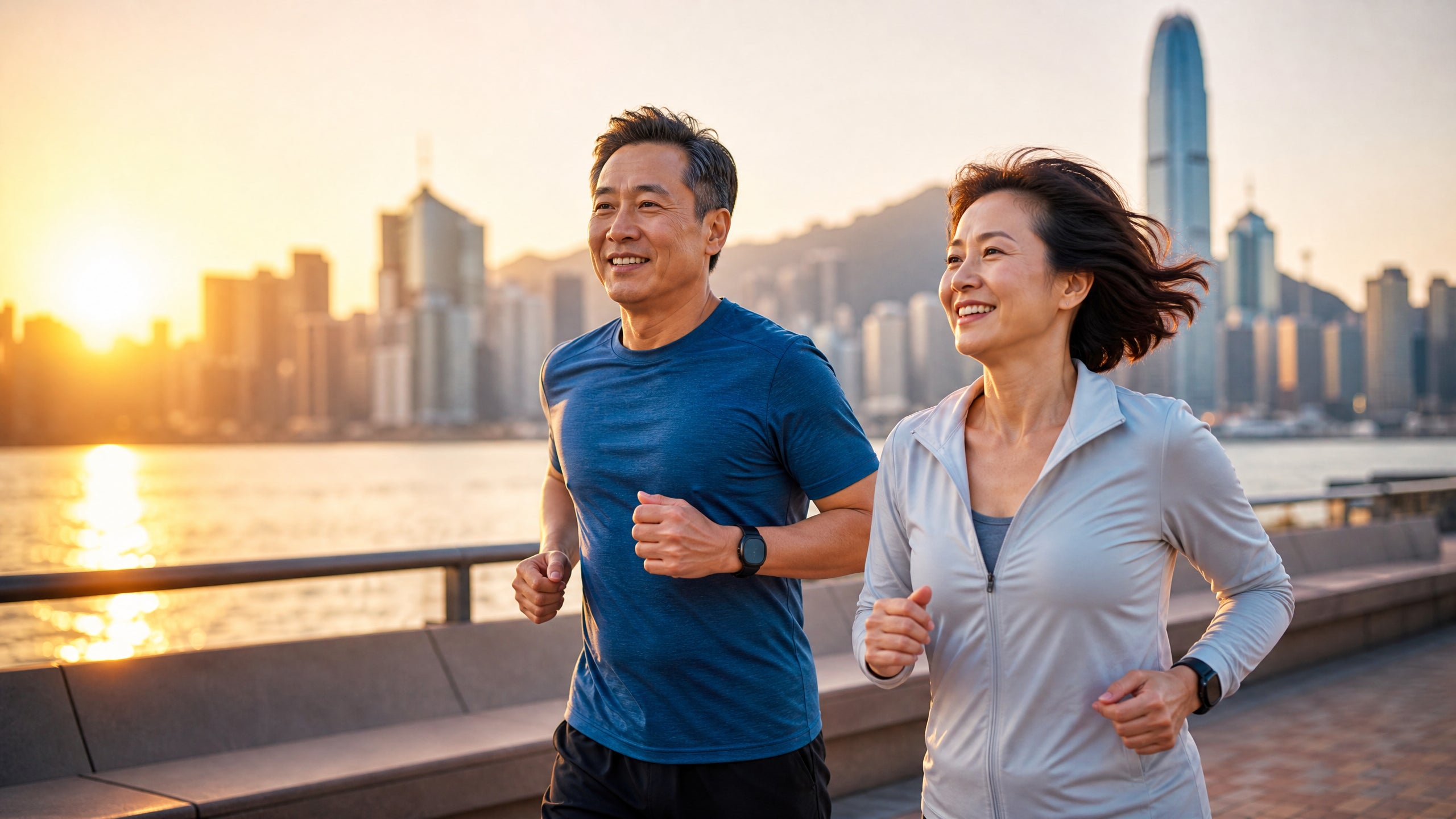 Active couple jogging along Hong Kong Victoria Harbour at sunrise — CoQ10 heart health