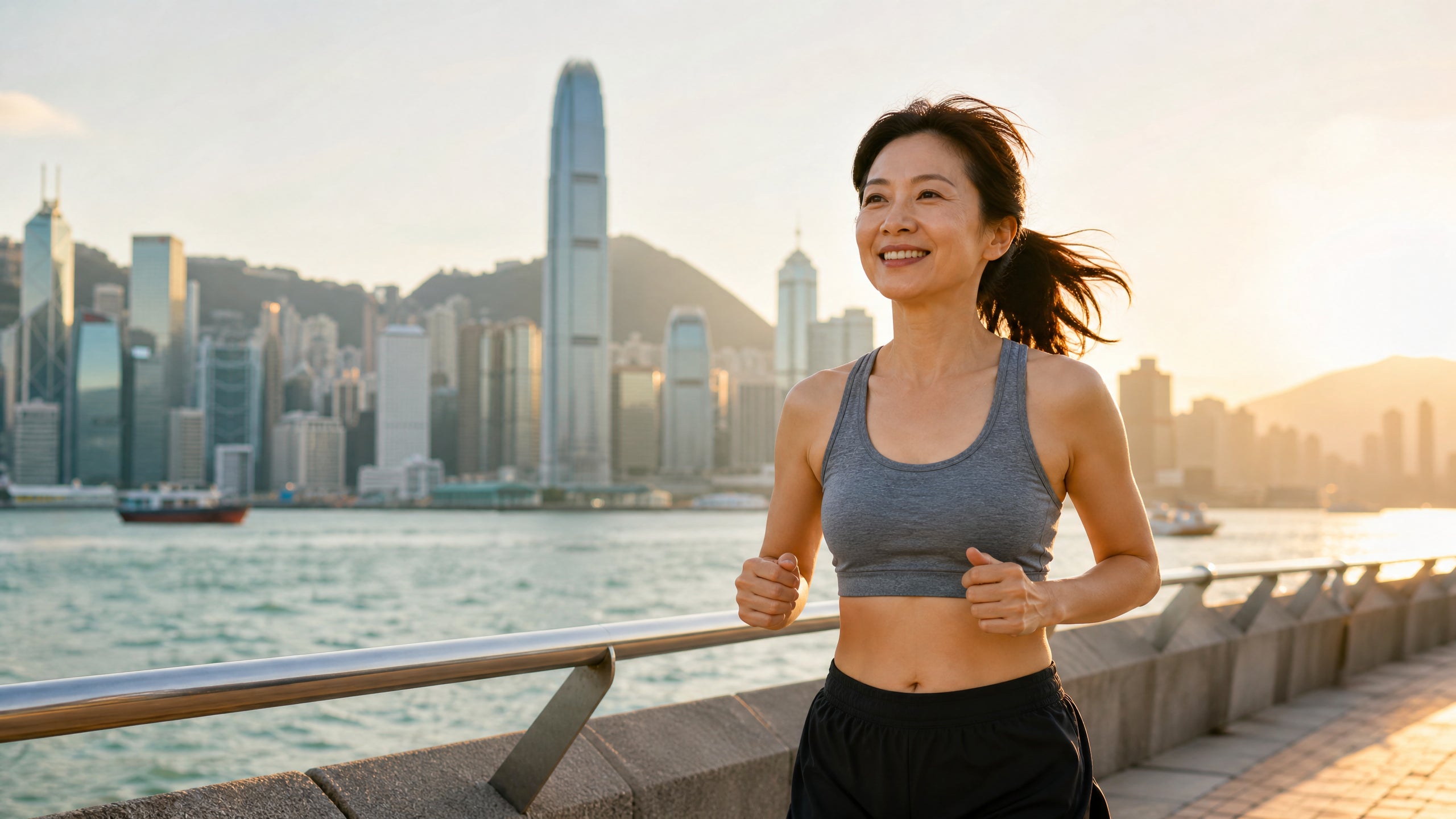 Active woman jogging along Hong Kong waterfront — Best Joint Supplements Hong Kong 2026