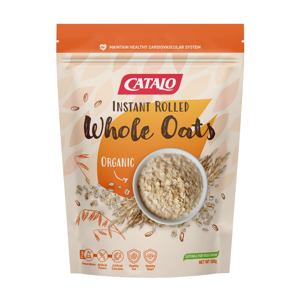 CATALO家得路高纖即食燕麥片(原片) 500克，含水溶性纖維，降低膽固醇，促進心血管健康，無添加劑，適合素食者。