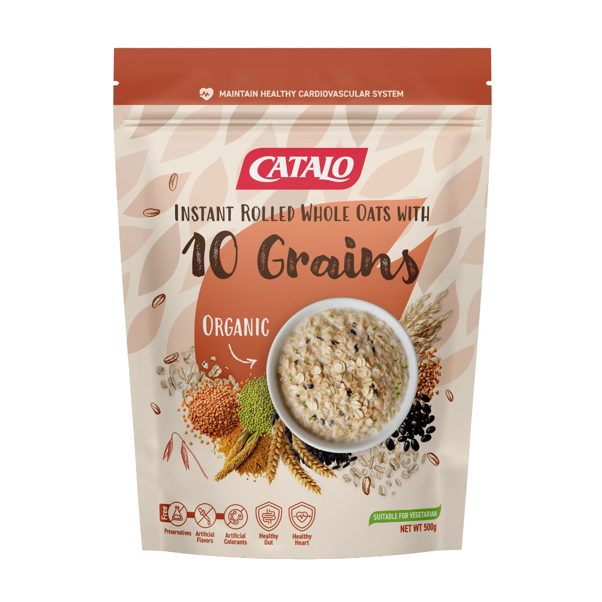 CATALO家得路高纖即食燕麥十穀片 500克，含十種有機穀物，促進腸道及心血管健康，無添加劑，適合素食者。