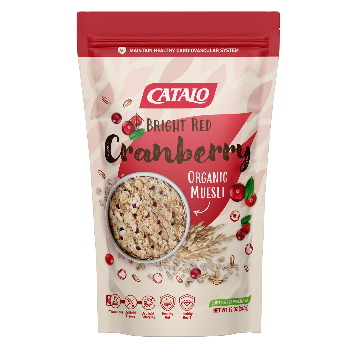 CATALO家得路小紅莓及野生藍莓燕麥早餐 340克，含有機燕麥及小紅莓乾，維持心腦血管健康，無添加劑，適合素食者。