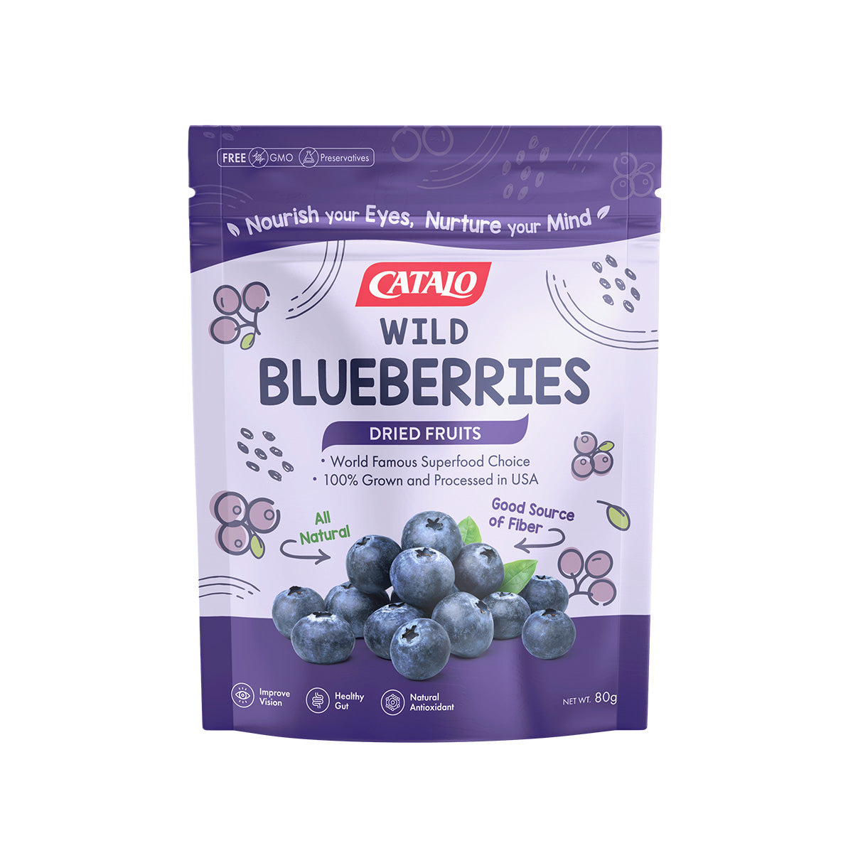 CATALO家得路美國天然野生藍莓乾 80克袋裝，含花青素，促進視力及心血管健康，無添加，適合素食者。