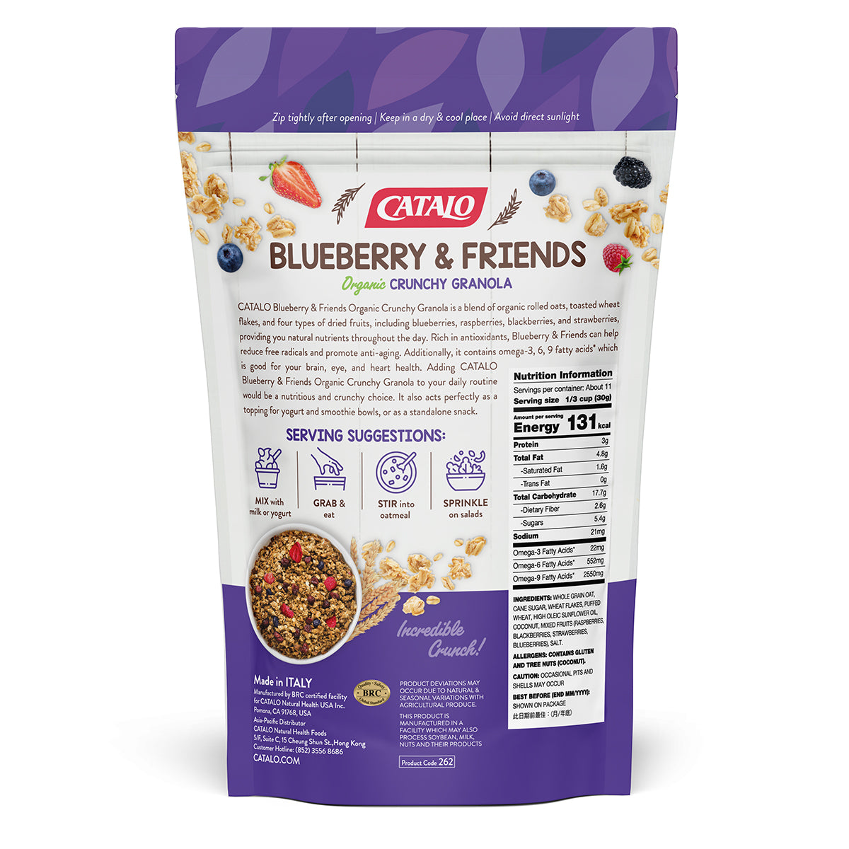 CATALO家得路醒目藍莓有機脆脆燕麥 340克，含藍莓乾及有機燕麥，促進心血管健康，適合素食者。