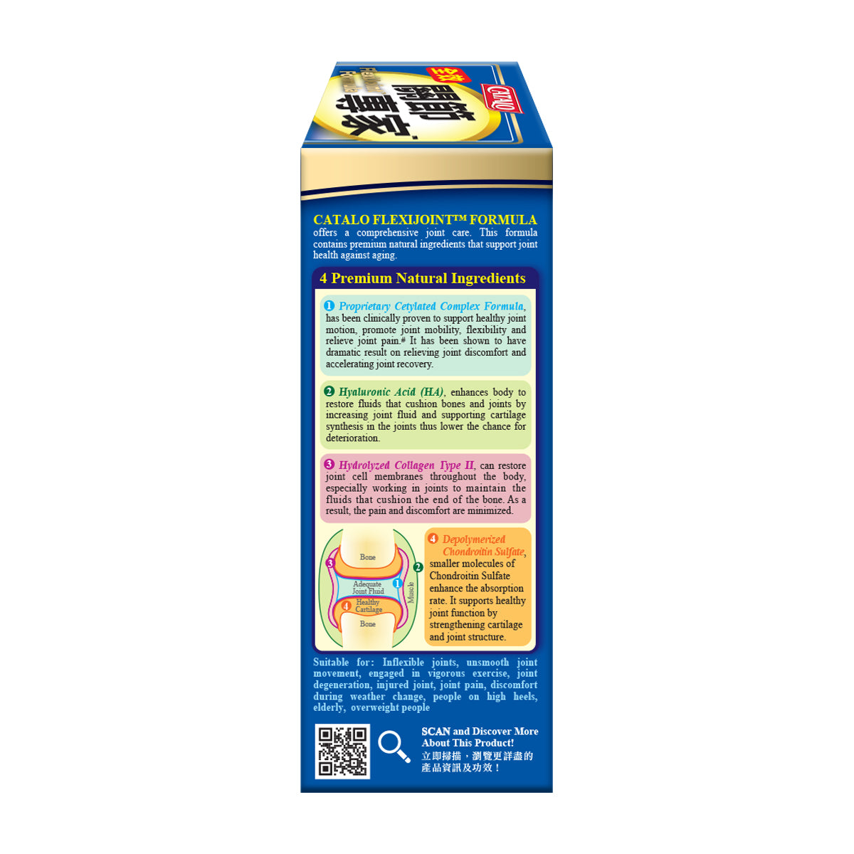 CATALO家得路全效關節專家60粒，含骨膠原及透明質酸，潤滑關節，緩解痛楚，增強靈活性，修補軟骨，延緩退化，改善活動能力。