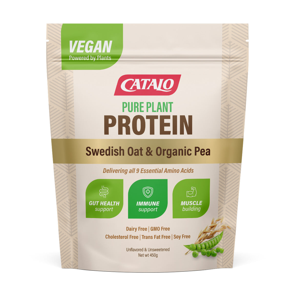 CATALO家得路純素植物蛋白粉 450g，含瑞典燕麥及豌豆蛋白，改善腸胃，增強免疫力，適合素食者及運動人士。
