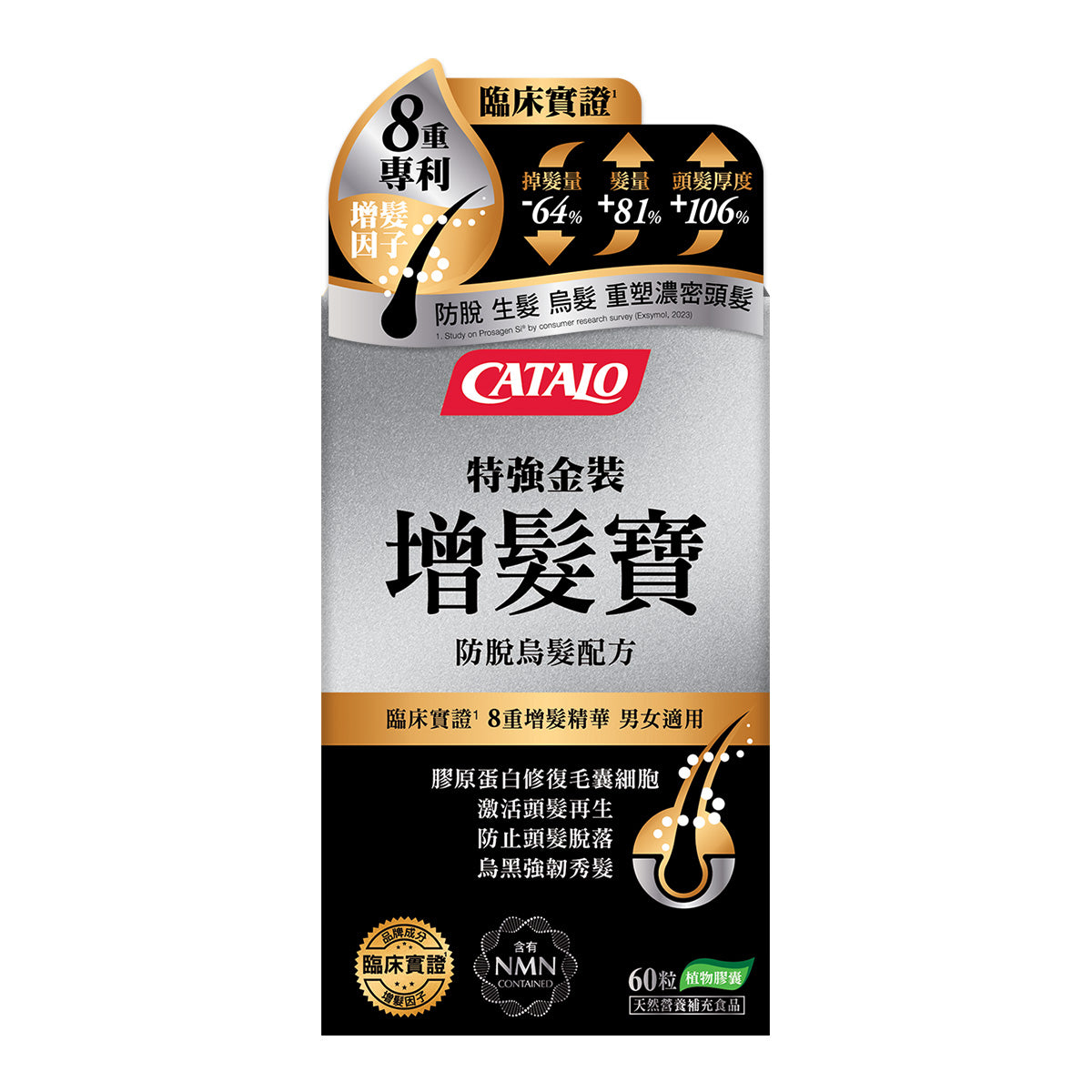 CATALO家得路特強金裝增髮寶 60粒，含PROSAGEN SI®及Uthever™NMN，促進頭髮生長，防止脫髮，適合關注頭髮健康人士。