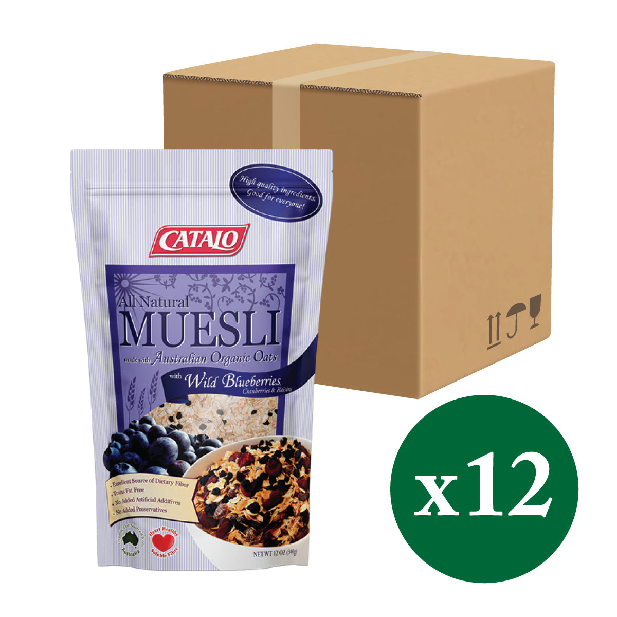 CATALO家得路野生藍莓燕麥早餐 340克，含澳洲有機燕麥及藍莓乾，穩定膽固醇，促進心血管健康，適合素食者。